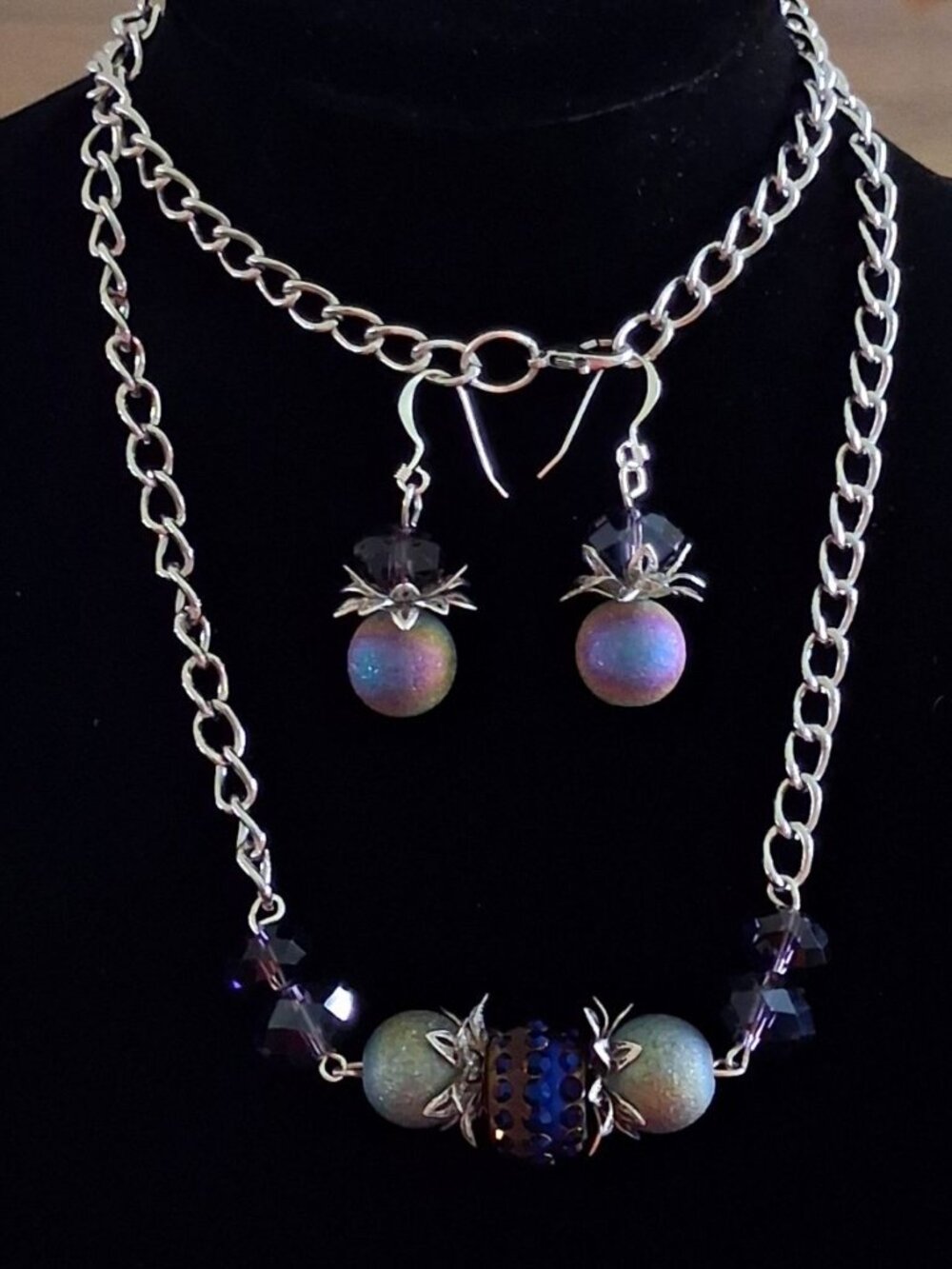 Long Amethyst Crystal & Luster Rainbow Druzy Bib Necklace & Matching Earrings